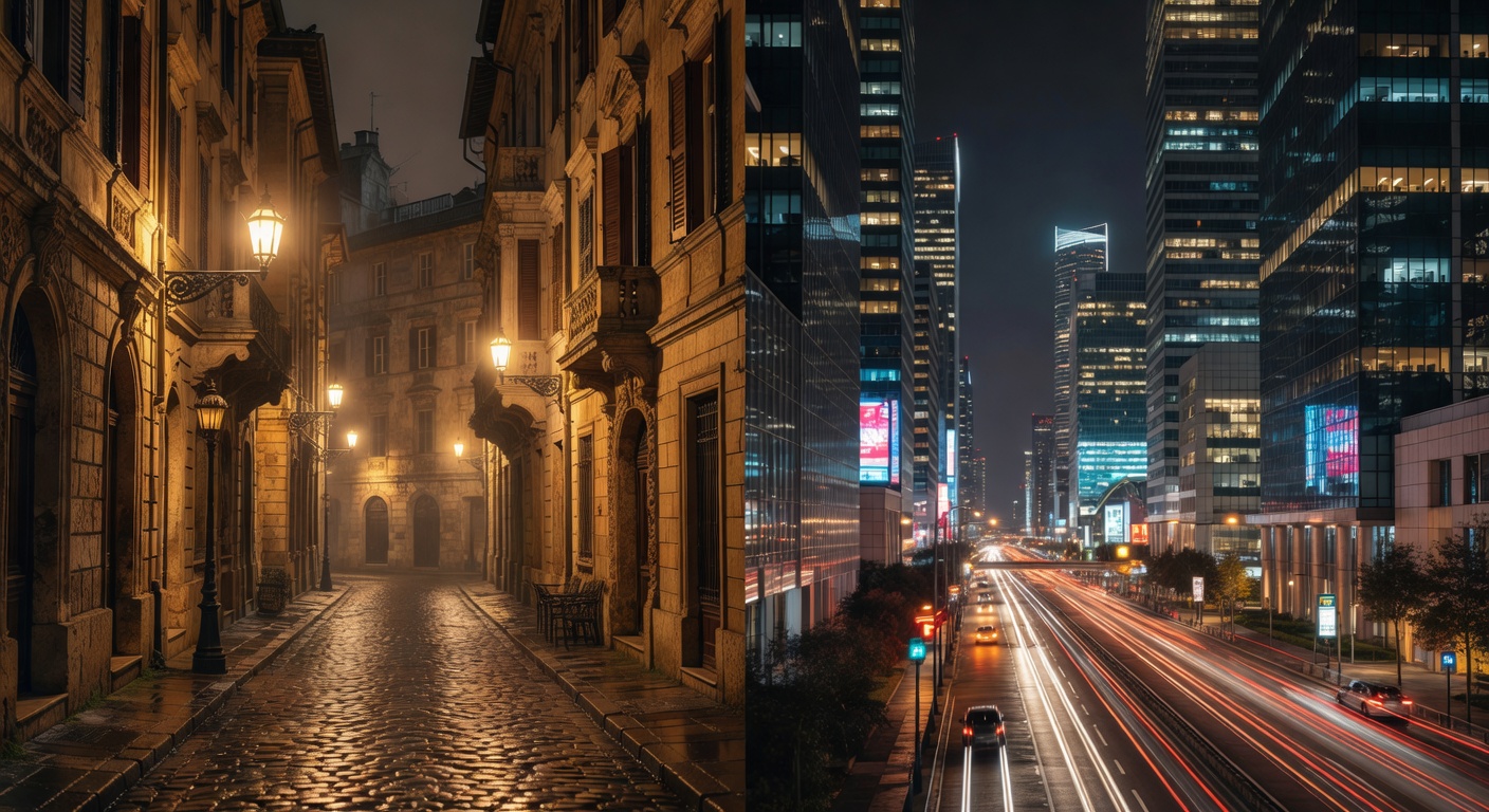 warm cinematic urban / travel light, no people in foreground, no text overlay
