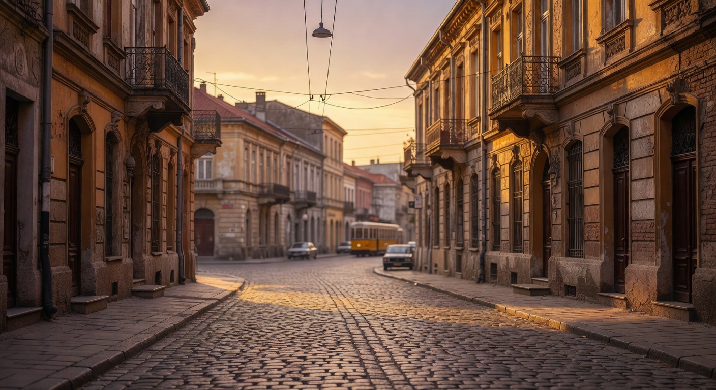 warm cinematic urban / travel light, no people in foreground, no text overlay