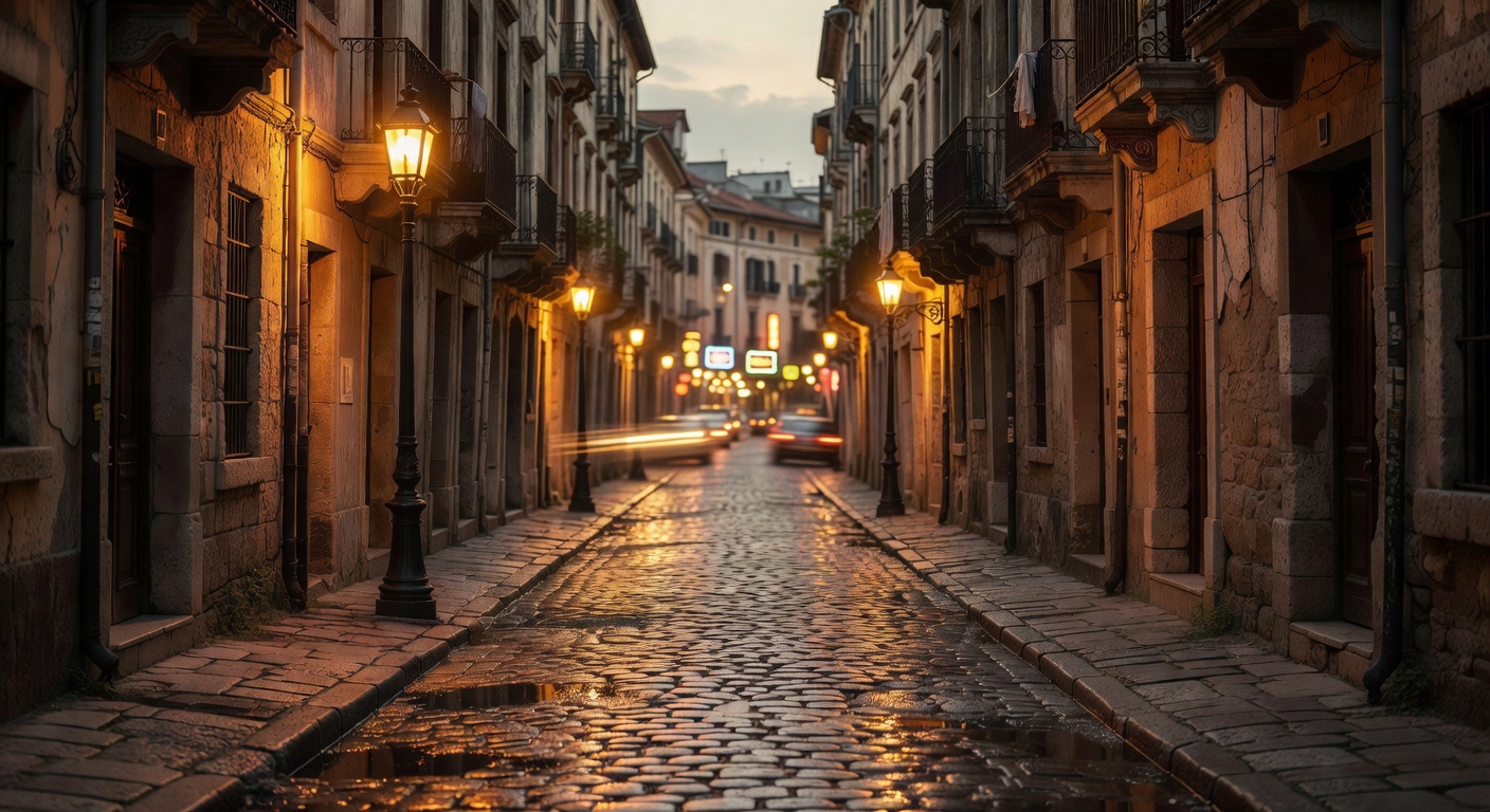 warm cinematic urban / travel light, no people in foreground, no text overlay