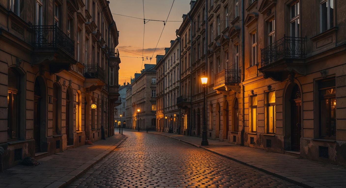 warm cinematic urban / travel light, no people in foreground, no text overlay