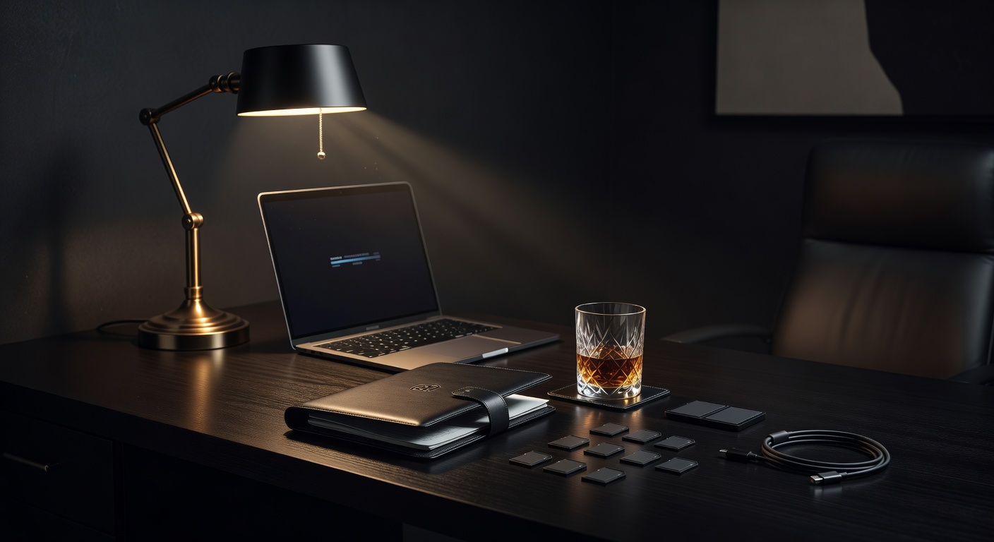 warm desk light, sophisticated dark aesthetic, no text overlay