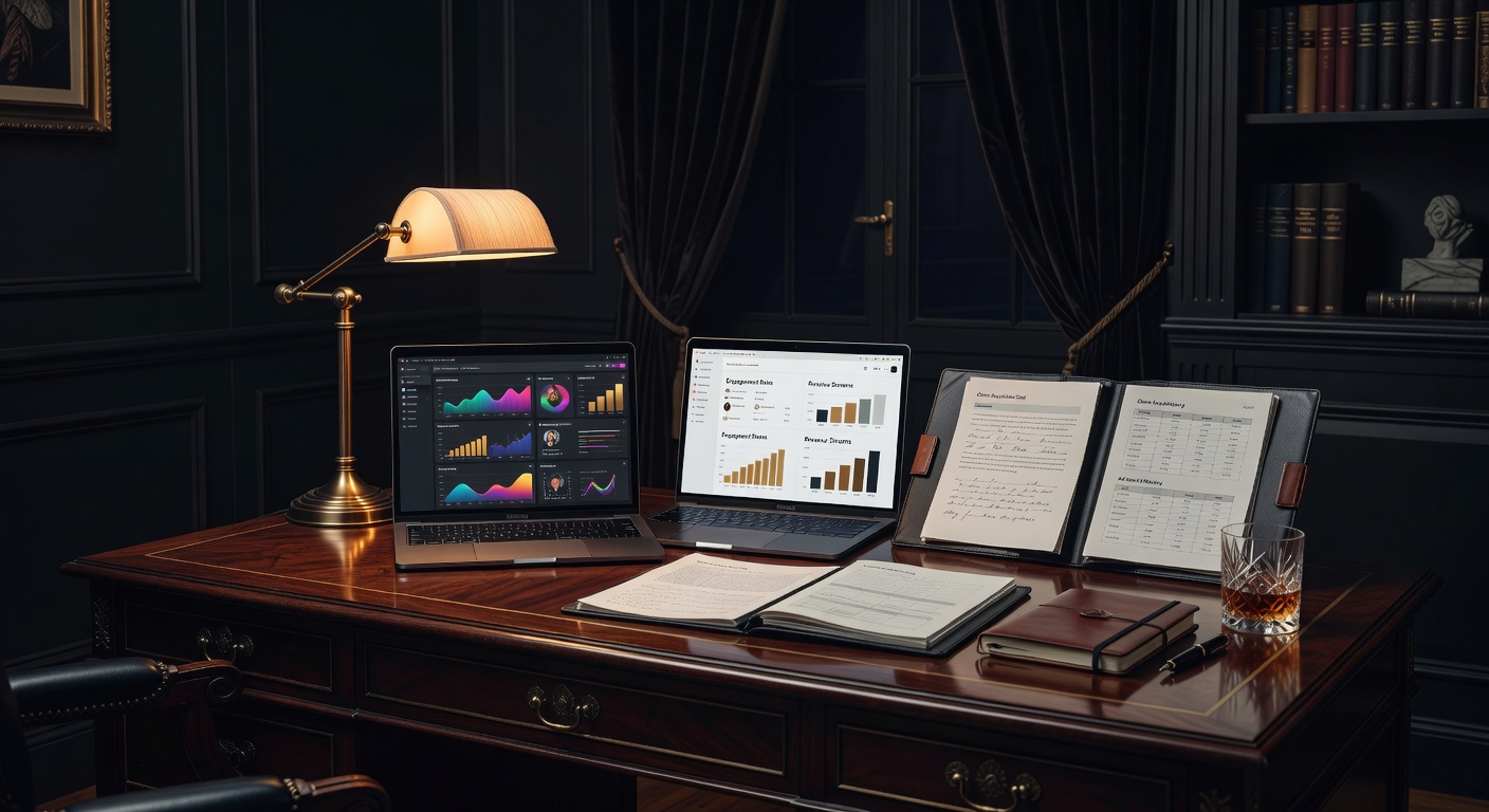 warm desk light, sophisticated dark aesthetic, no text overlay