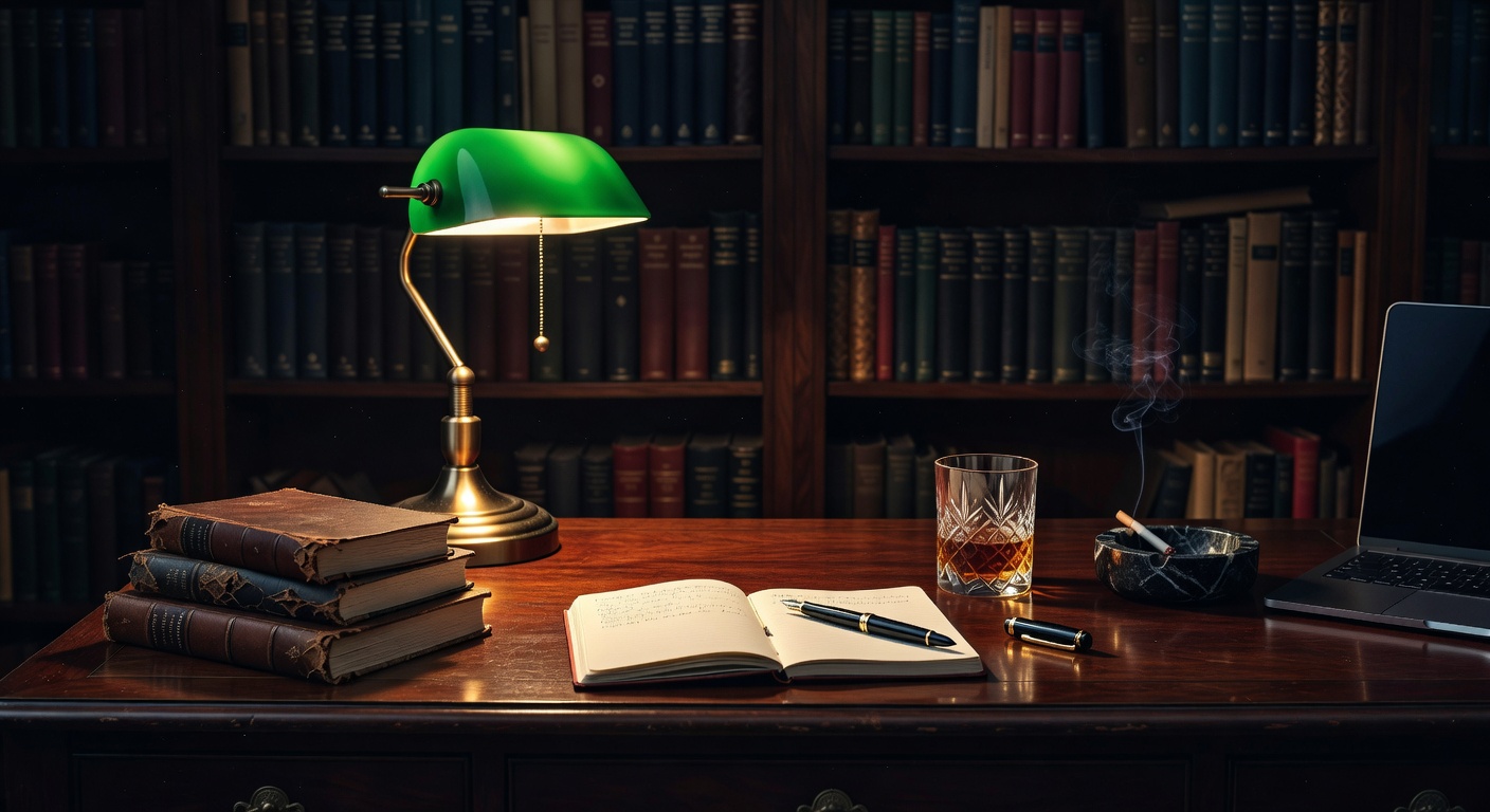 warm desk light, sophisticated dark aesthetic, no text overlay