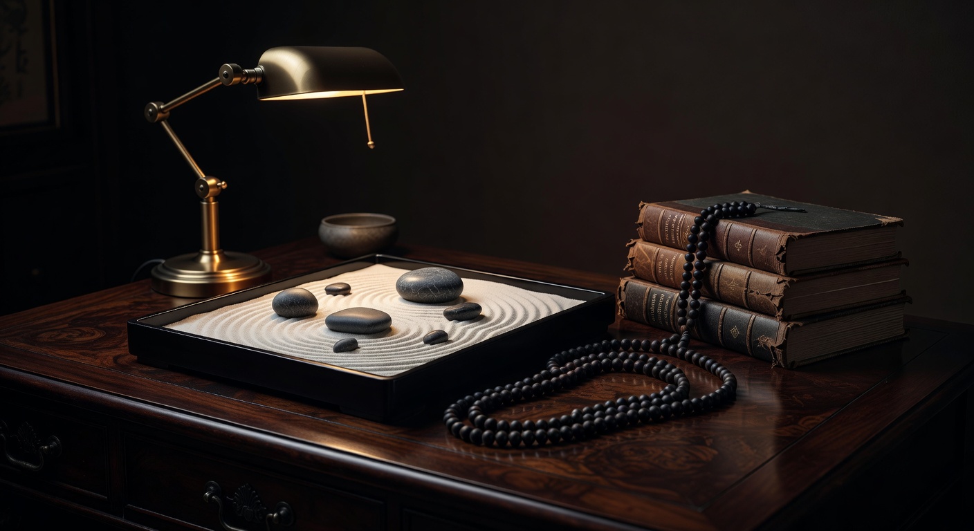 warm focused desk lamp lighting, sophisticated, no text overlay