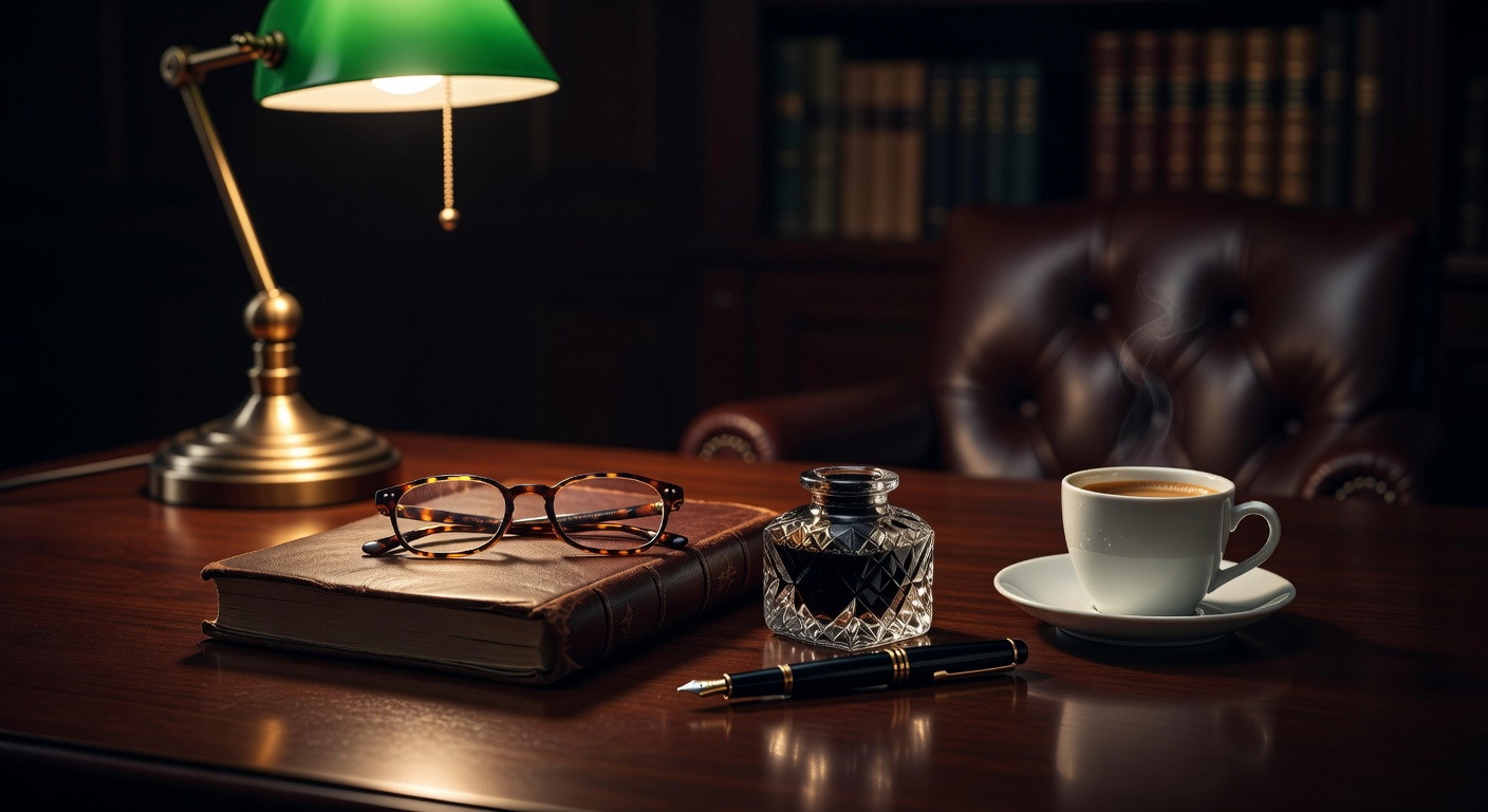warm focused desk lamp lighting, sophisticated, no text overlay