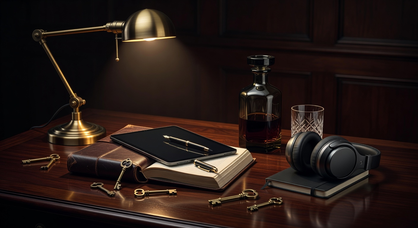 warm focused desk lamp lighting, sophisticated, no text overlay