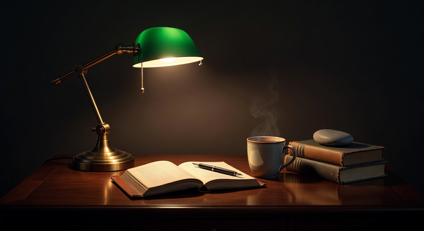 warm focused desk lamp lighting, sophisticated, no text overlay