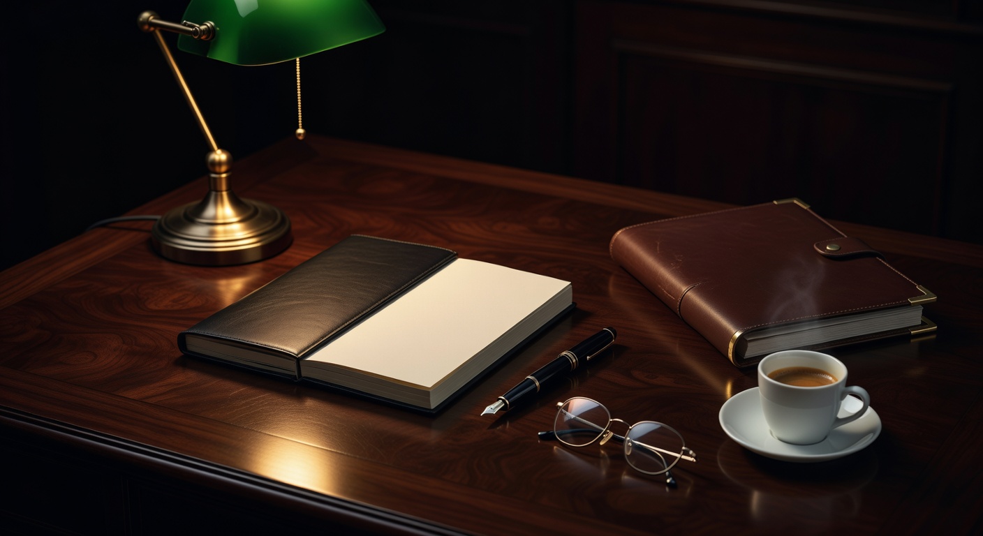 warm focused desk lamp lighting, sophisticated, no text overlay