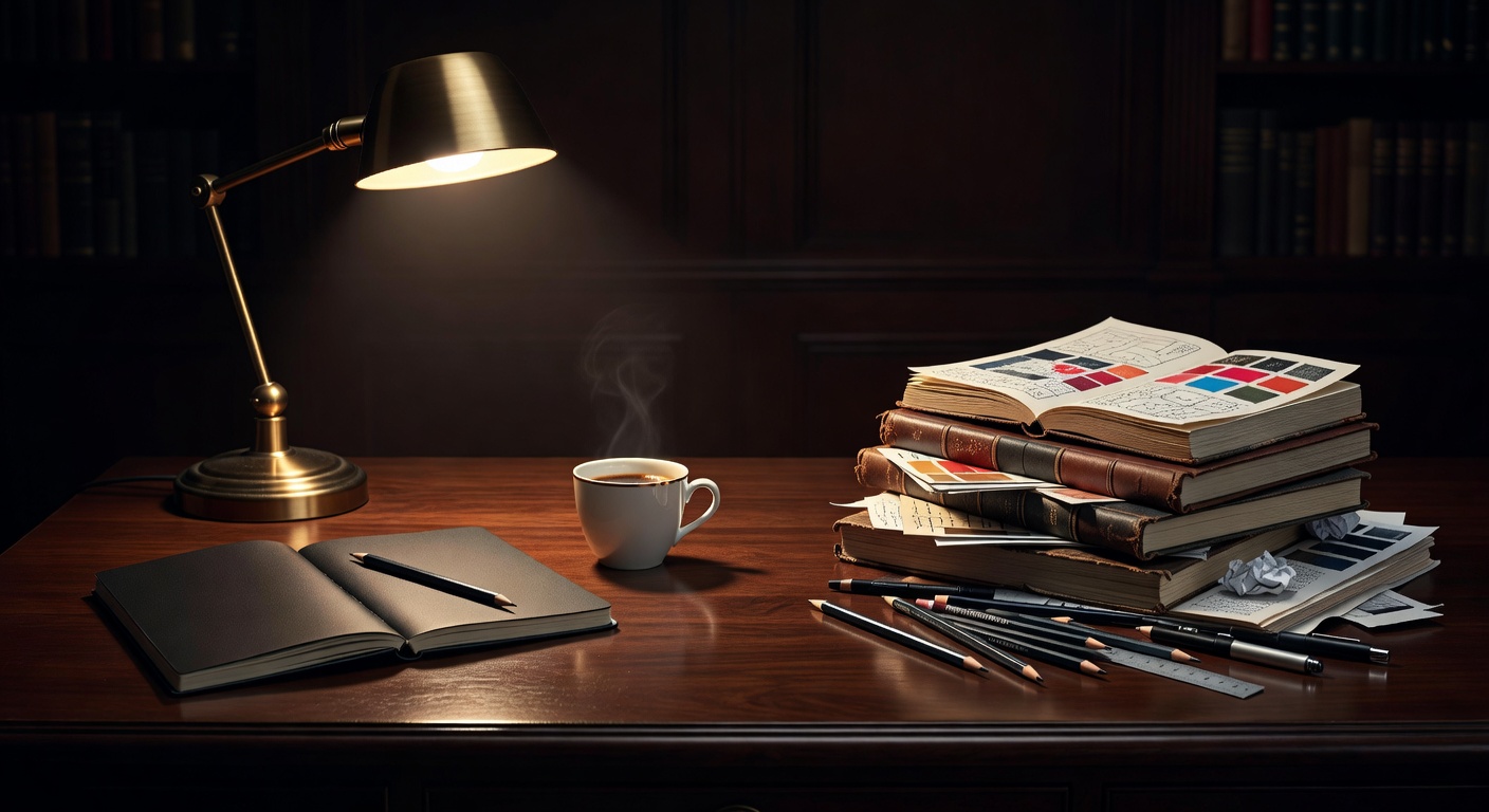warm focused desk lamp lighting, sophisticated, no text overlay