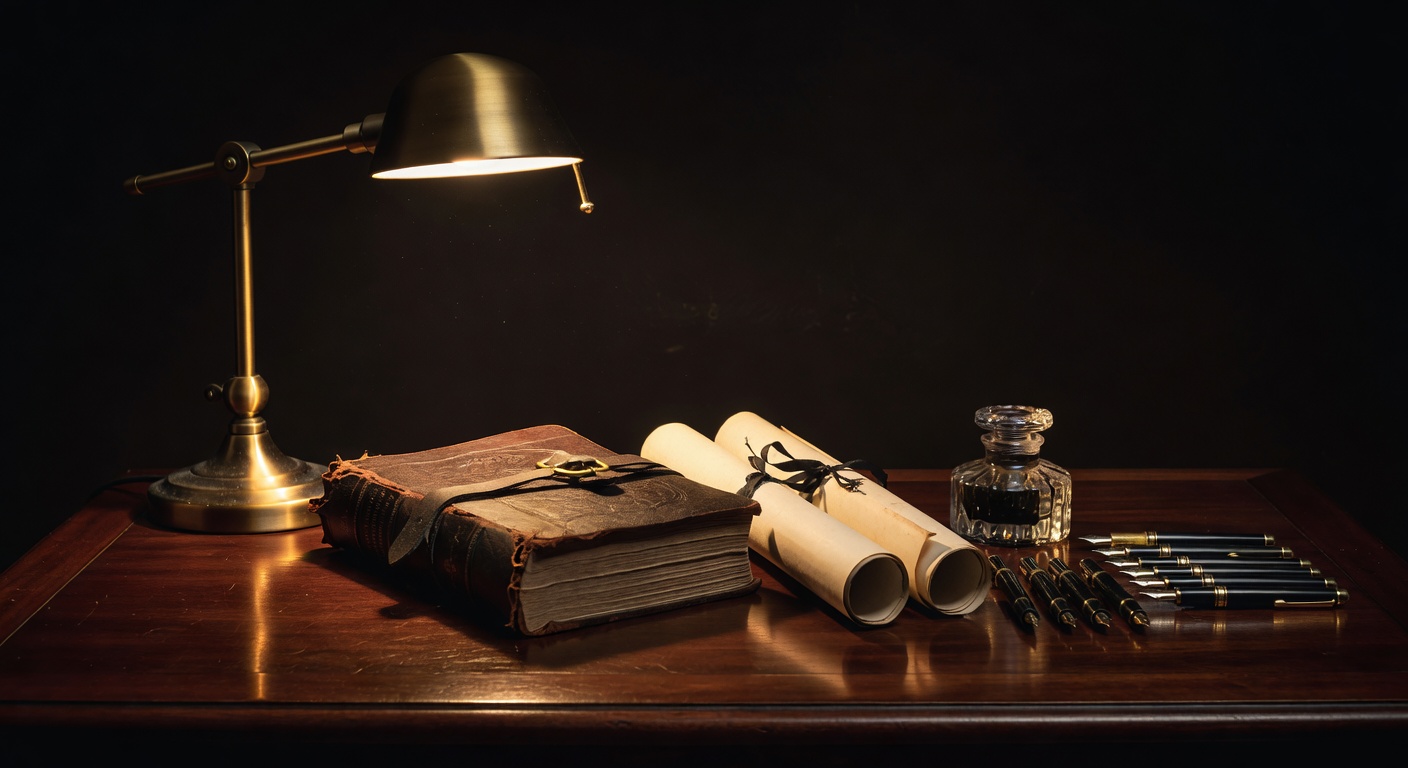 warm focused desk lamp lighting, sophisticated, no text overlay