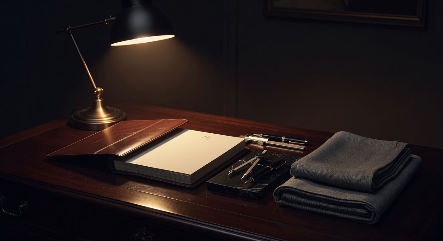 warm focused desk lamp lighting, sophisticated, no text overlay