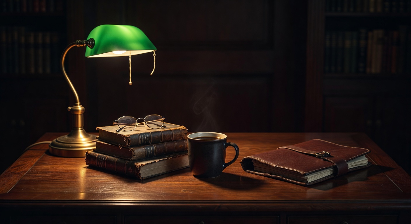 warm focused desk lamp lighting, sophisticated, no text overlay