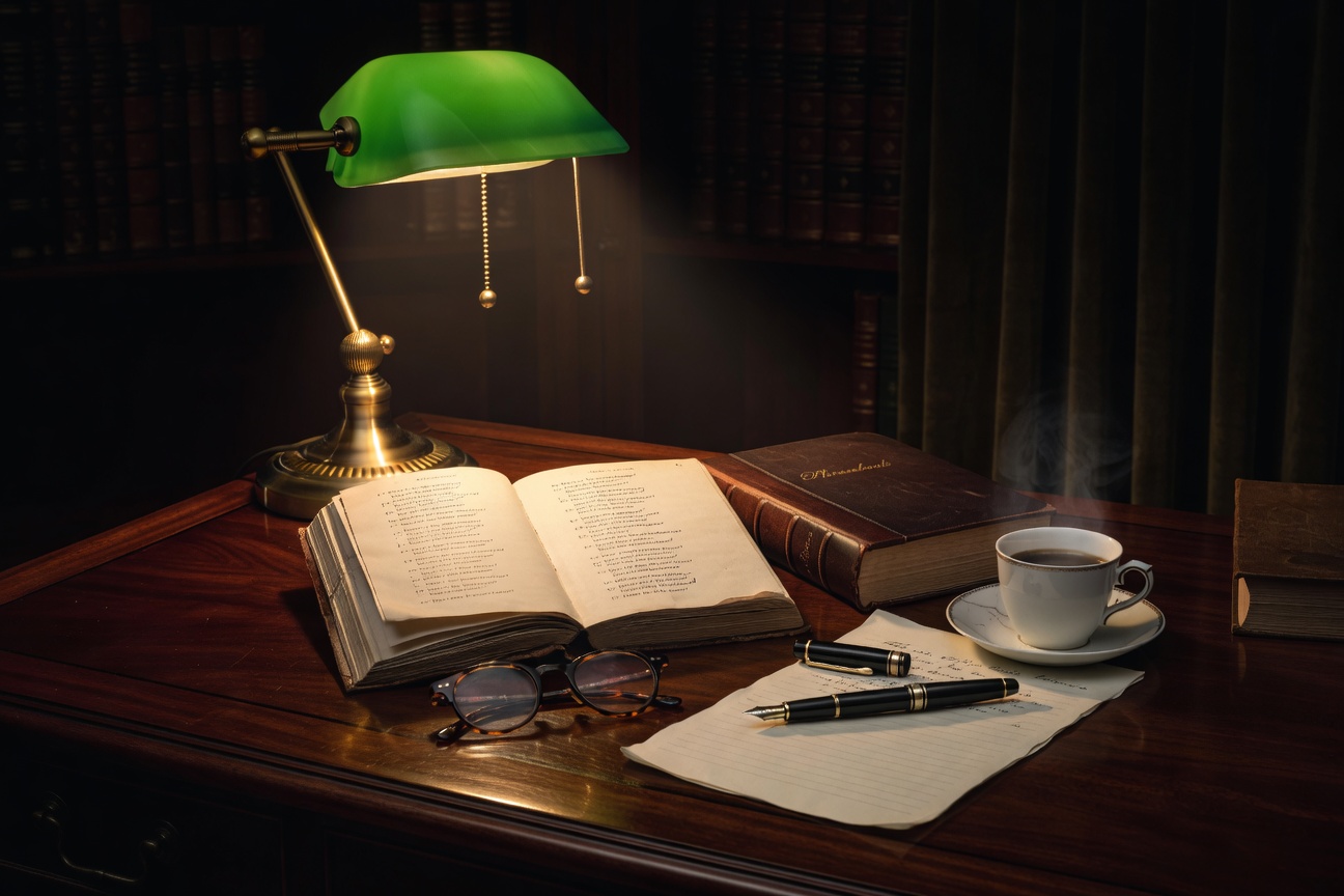 warm focused desk lamp lighting, sophisticated, no text overlay