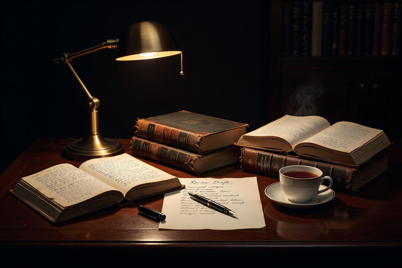 warm focused desk lamp lighting, sophisticated, no text overlay