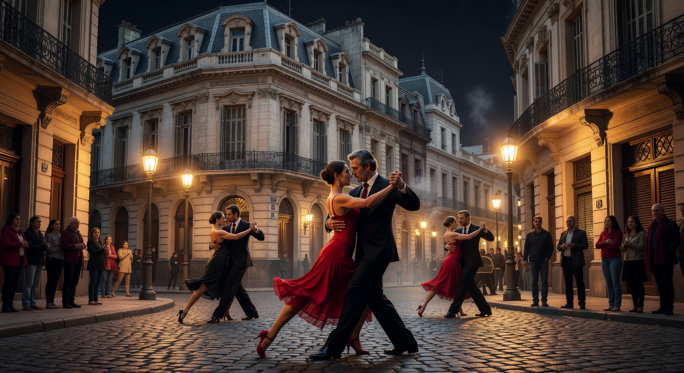 French-style architecture, warm street lamps, tango atmosphere, no text
