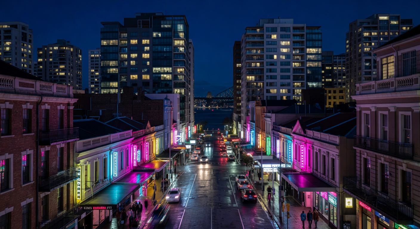 neon signs, harbour glimpses, modern Australian cityscape, no text