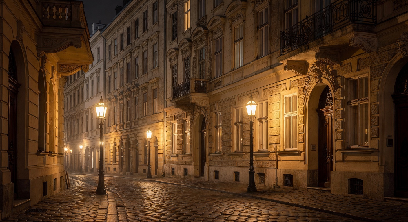 classical European architecture, warm street lamps, atmospheric old-world charm, no text