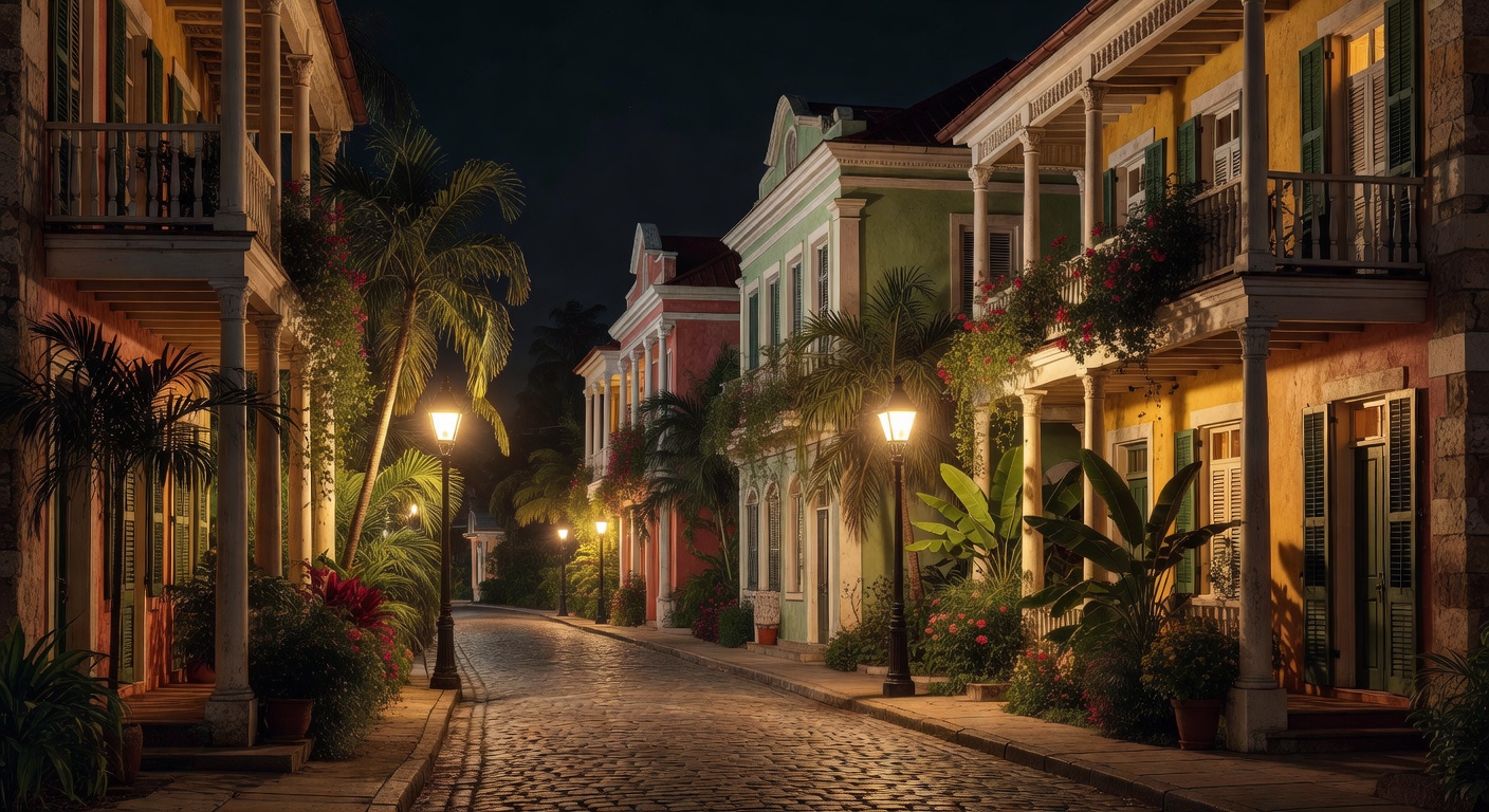 colonial Caribbean architecture, warm tropical lighting, no text