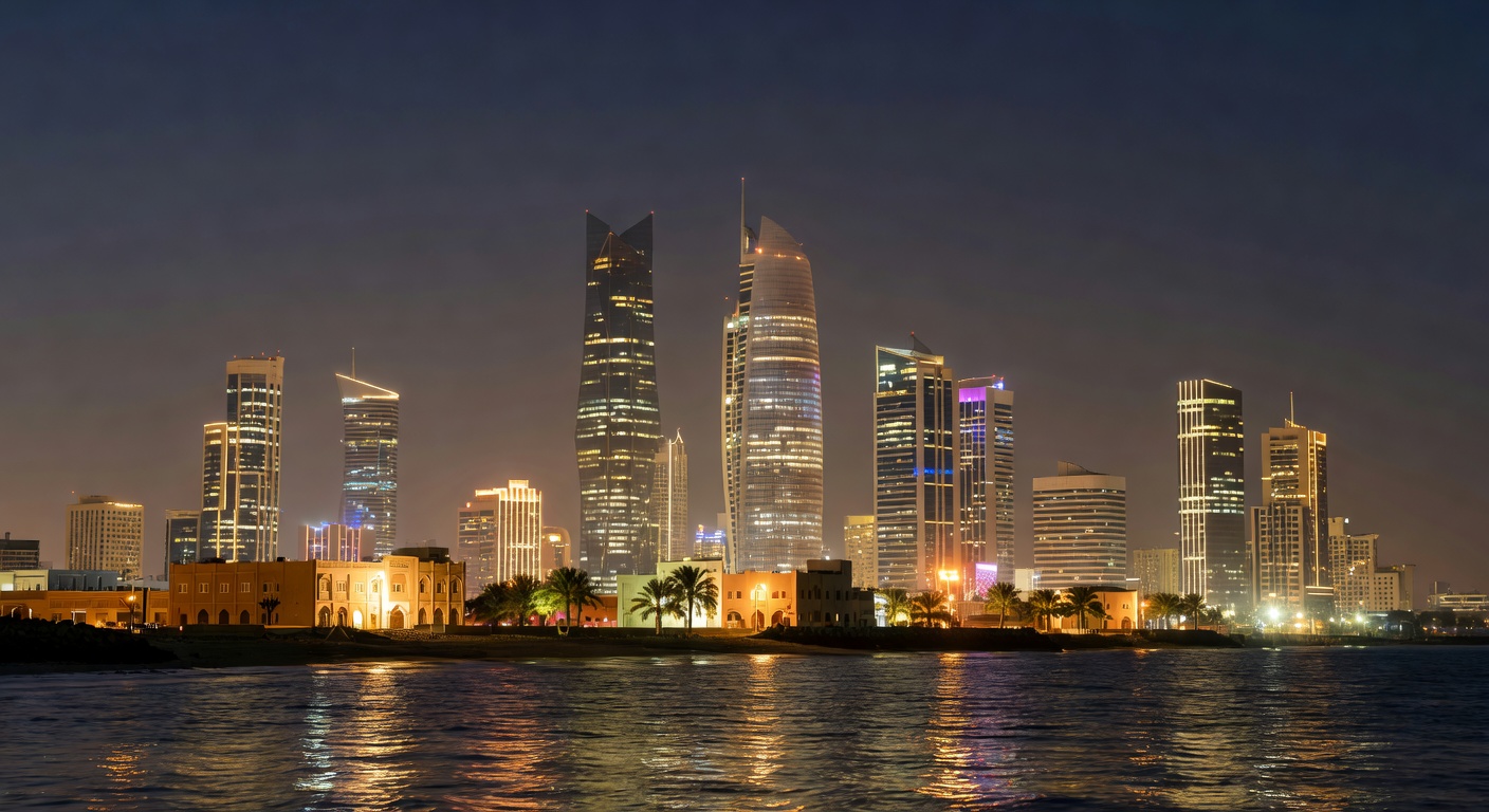 modern Bahraini skyline, warm atmospheric Gulf scene, no text