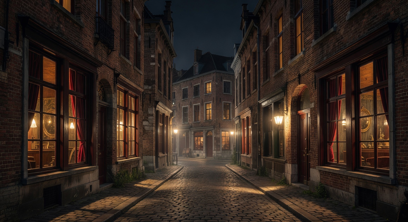 brick buildings, warm window lights, historic atmosphere, no text overlay