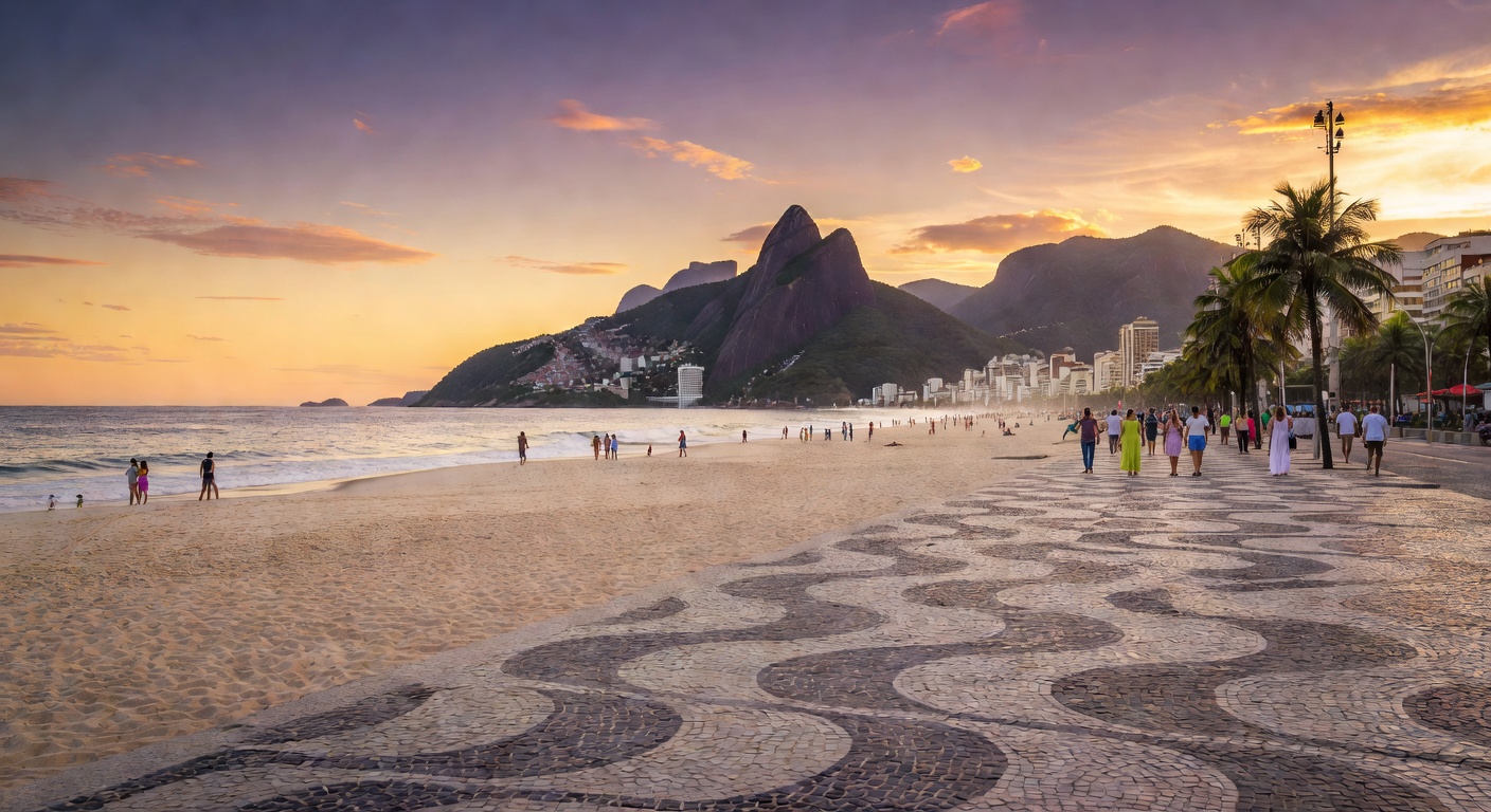 beach promenade mosaic, Sugarloaf Mountain silhouette, warm golden hour atmosphere, no text
