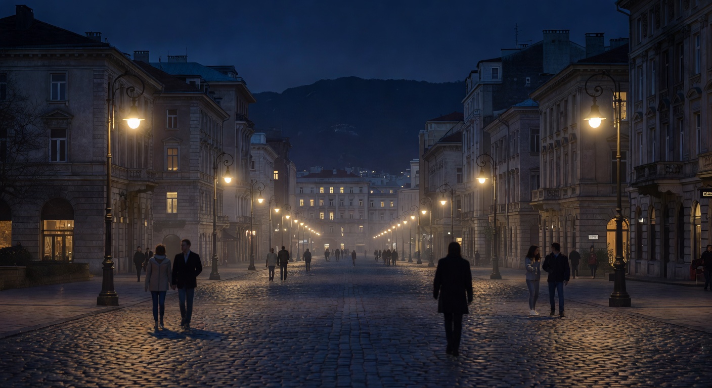 atmospheric Bulgarian capital, warm street lights, no text