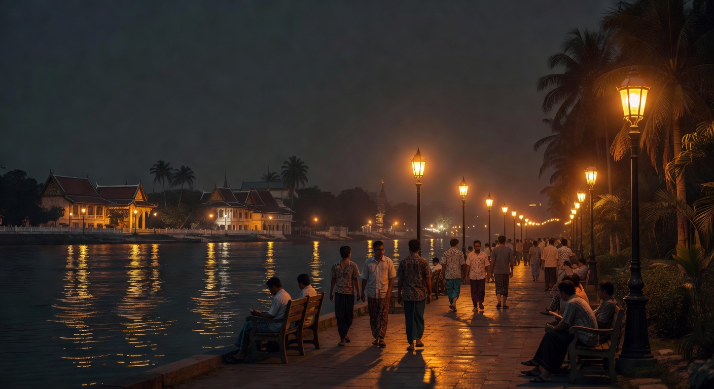 Cambodian atmosphere, warm street lights, atmospheric, no text