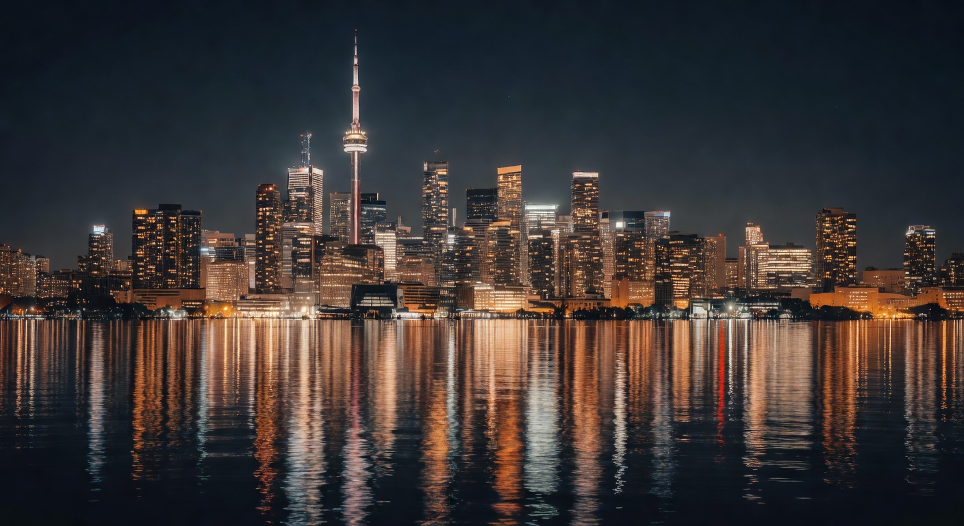 modern Canadian skyline reflecting in water, warm atmospheric tones, no text