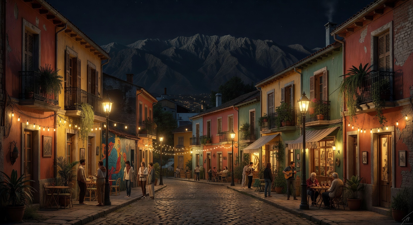 Andes silhouette in distance, warm bohemian neighborhood lights, no text