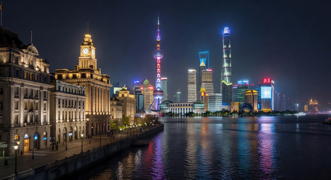 modern skyline reflecting in Huangpu, classic Pudong silhouette, atmospheric, no text