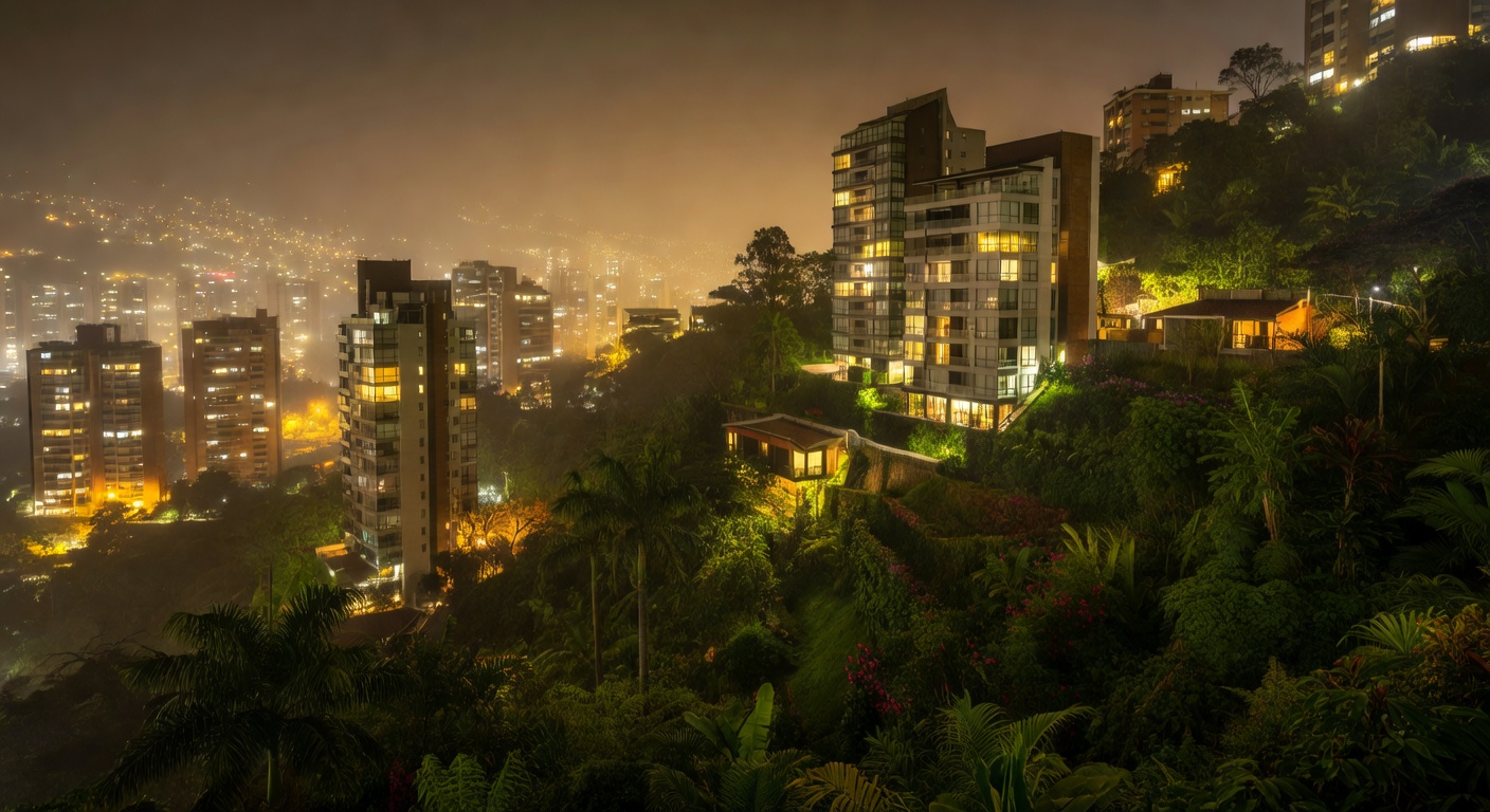 modern buildings on hillside, warm city lights, tropical vegetation, atmospheric, no text