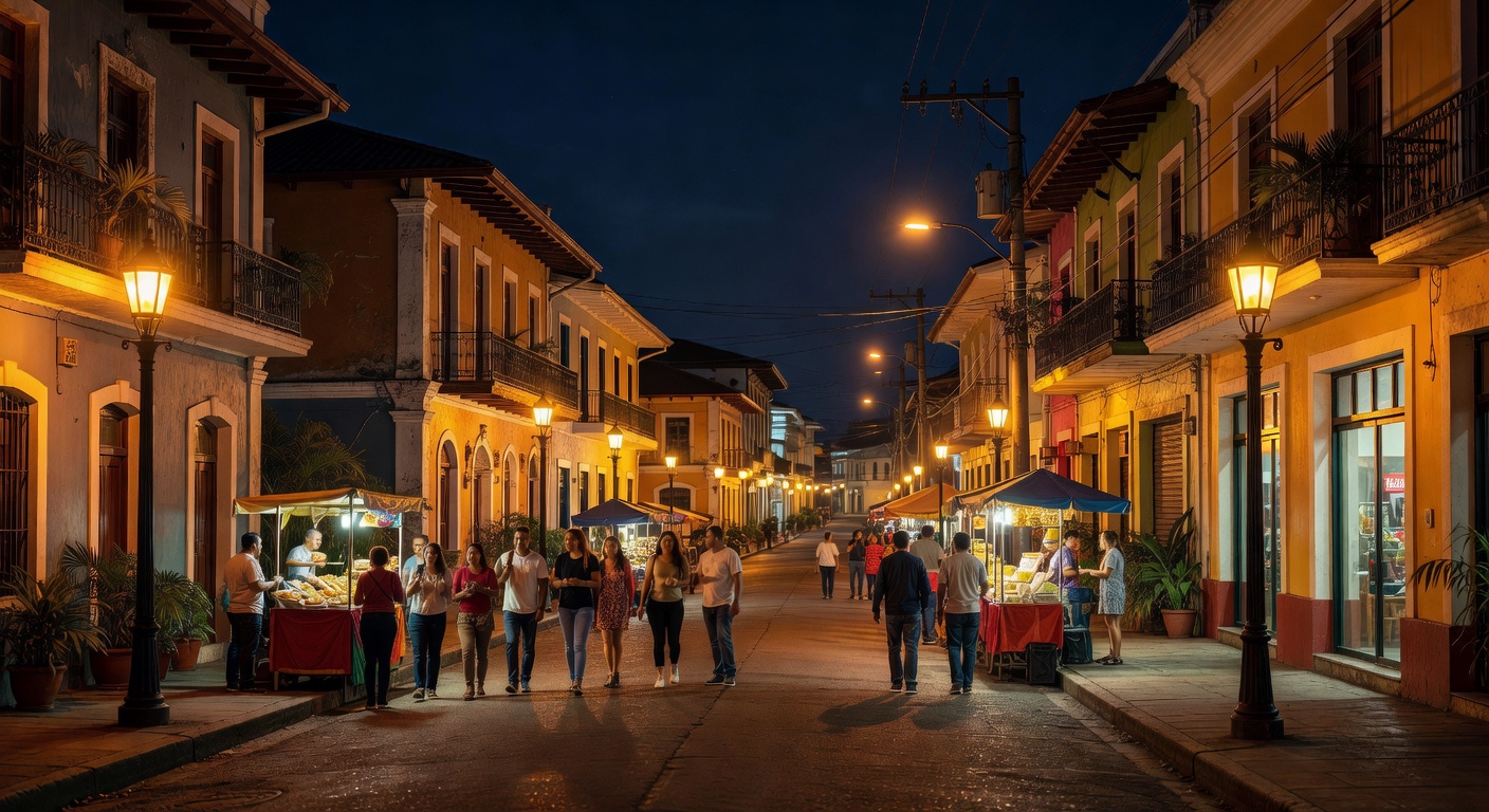 Costa Rican atmosphere, warm street lights, Latin American capital scene, no text