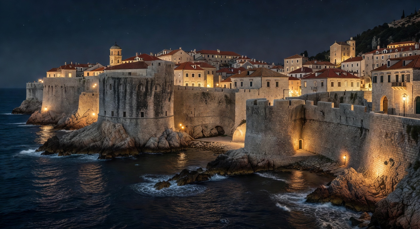 ancient stone walls illuminated, atmospheric Adriatic, no text