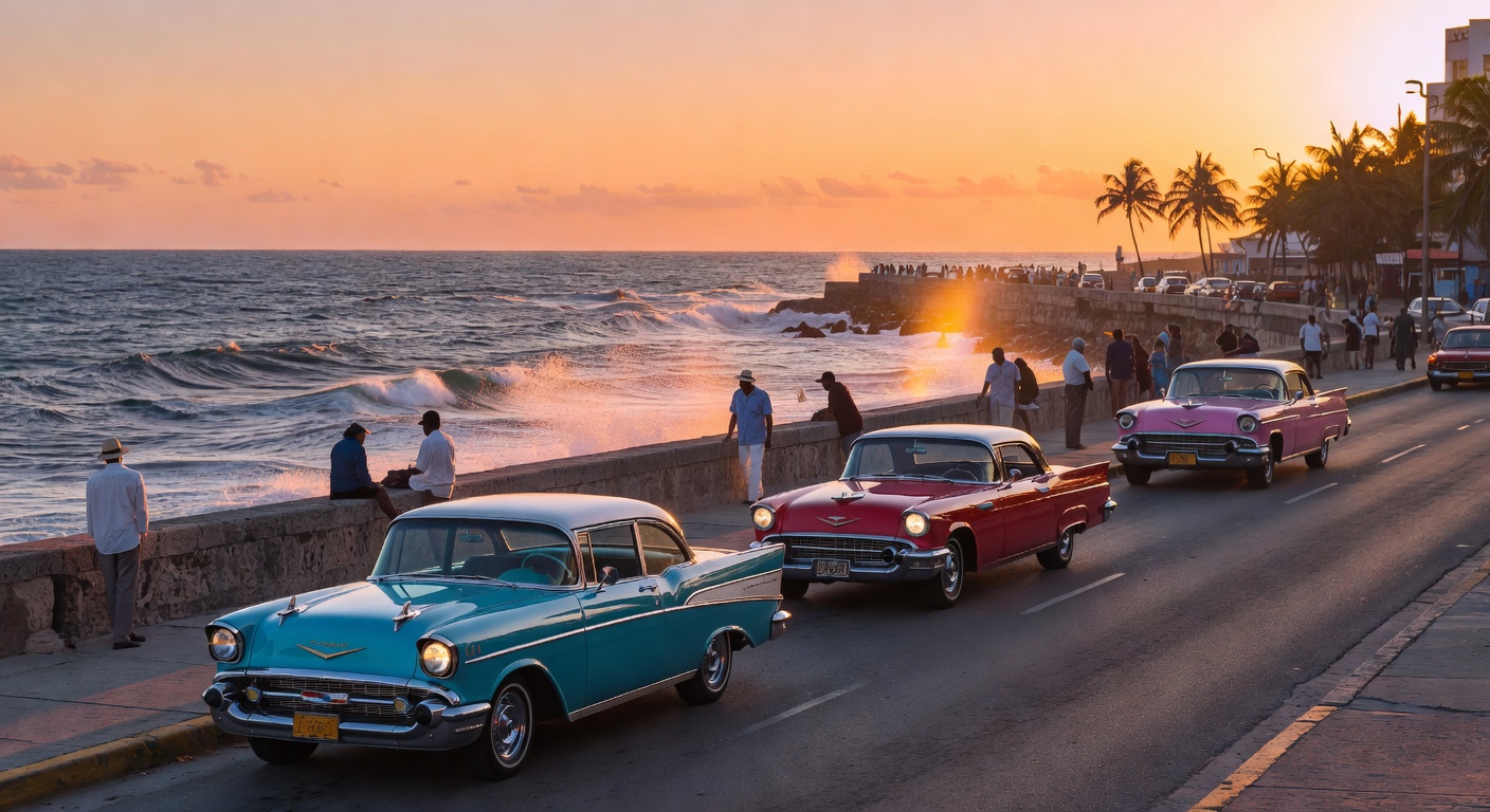 vintage American cars, ocean spray, warm Caribbean light, atmospheric, no text