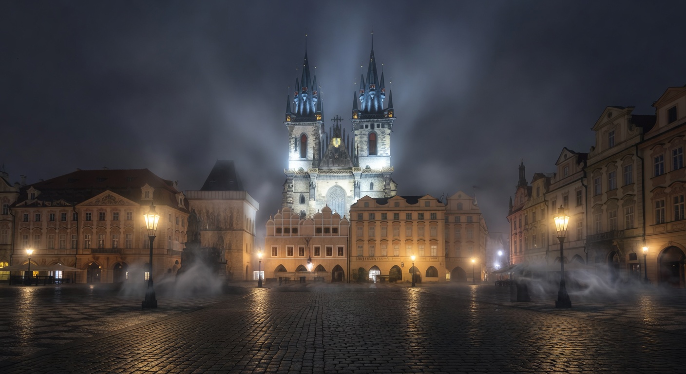 Gothic Tyn Church illuminated, cobblestone, atmospheric mist, warm street lamps, no text