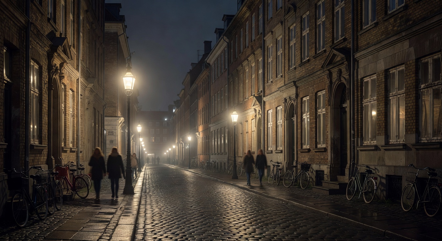atmospheric Danish street scene, warm lamp lights, no text