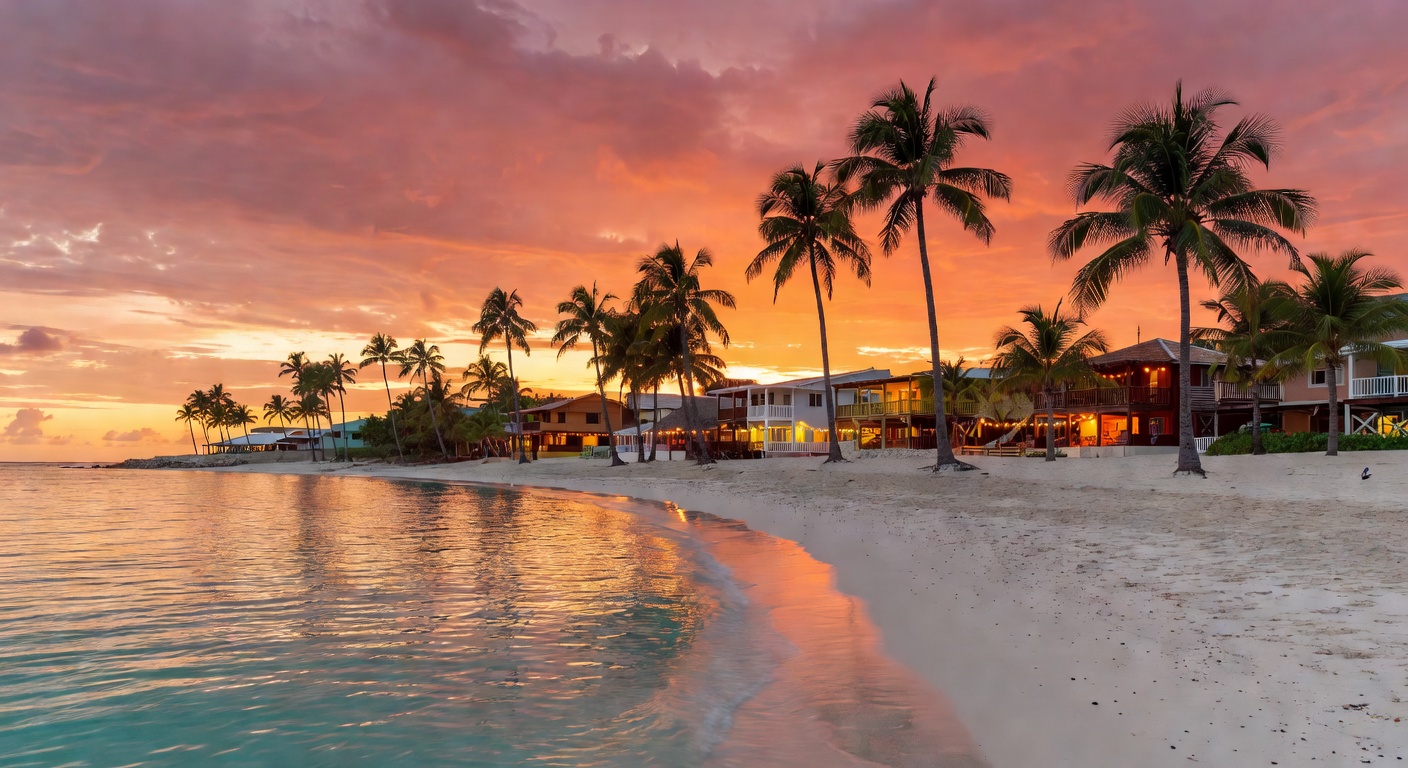 Caribbean beach town, palm trees silhouetted, warm tropical atmosphere, no text