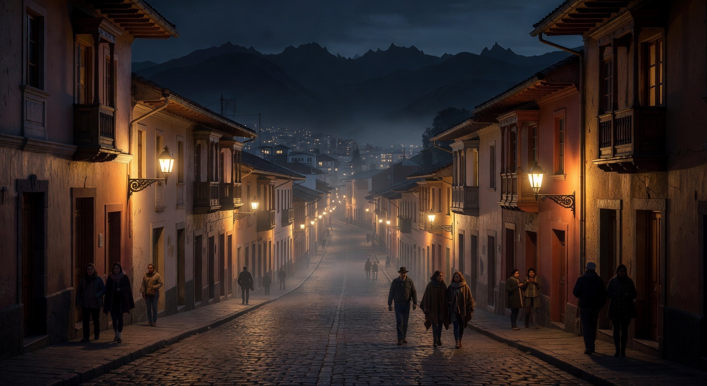 atmospheric Andean city street, warm lights, no text