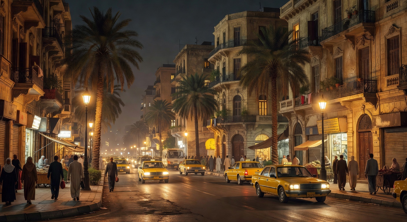 atmospheric Egyptian capital street, warm lights, no text