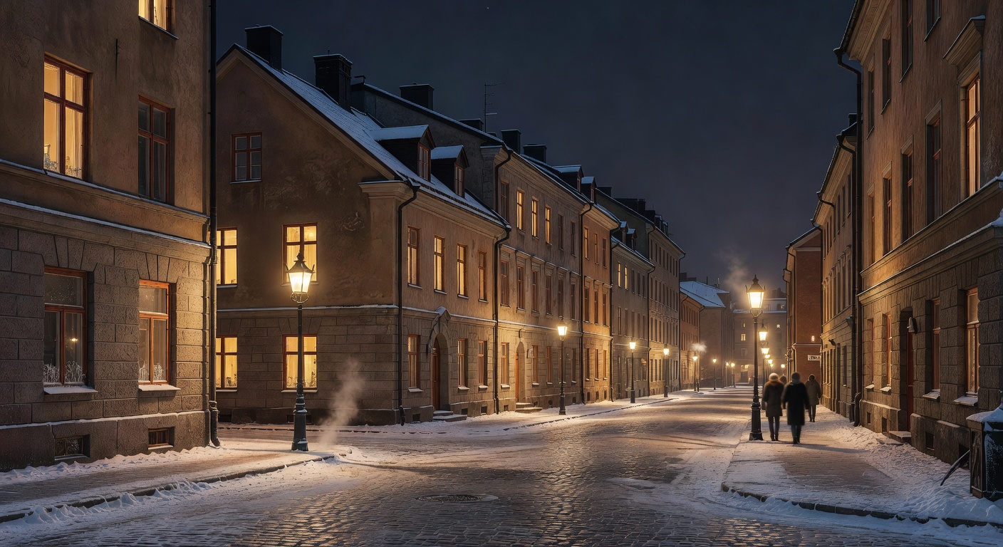 classic Finnish architecture, warm lighting, urban Nordic atmosphere, no text