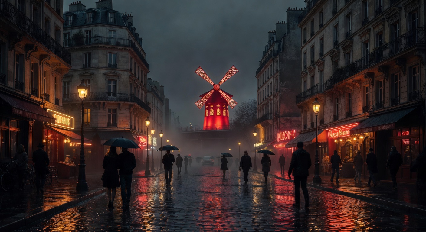 Moulin Rouge area glow, rain-slicked streets, warm neon, moody atmosphere, no text