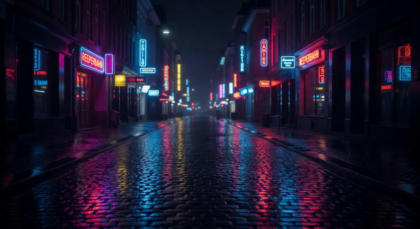 neon lights reflecting on wet streets, moody cinematic lighting, no people visible, editorial photography style, no text