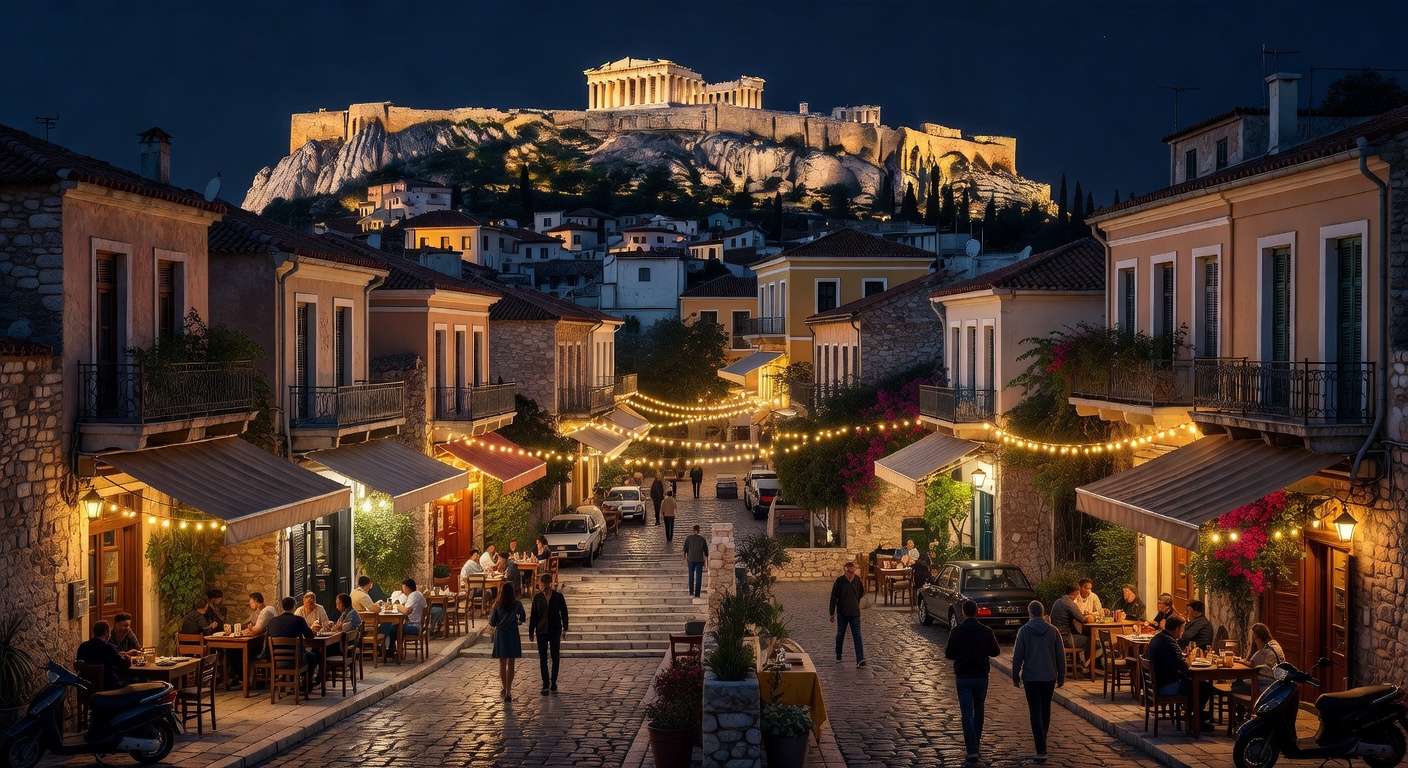 warm taverna lights, ancient meets modern atmosphere, no text