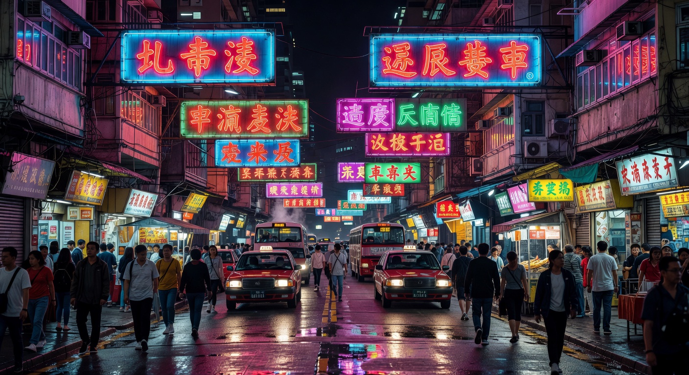dense neon signs hanging over street, classic HK atmosphere, no text