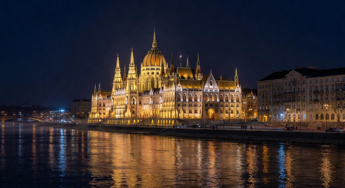 Danube reflecting Parliament lights, atmospheric Hungarian capital, no text