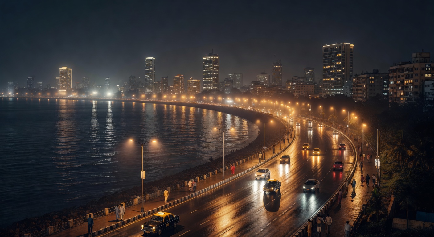 Queens Necklace lights, atmospheric Indian metropolis, no text