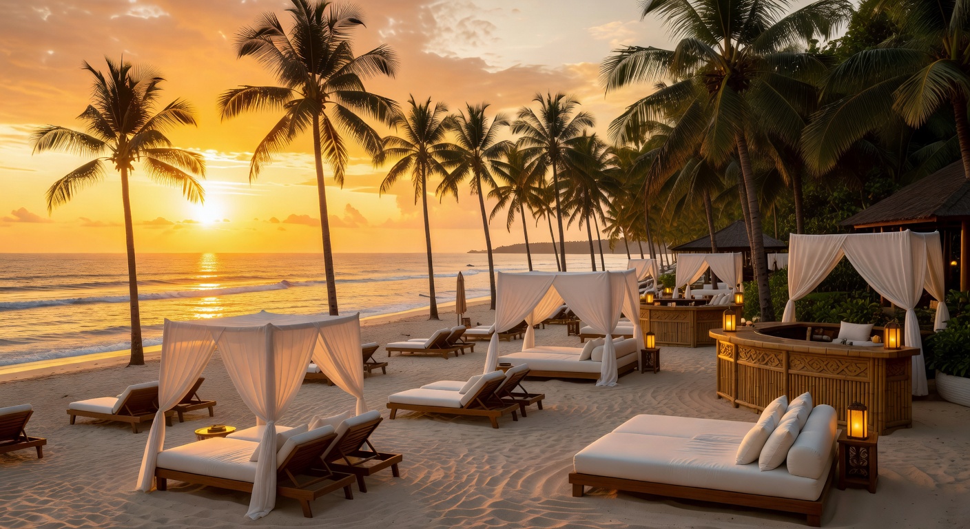 tropical luxury, palm trees silhouetted, warm golden light, no text