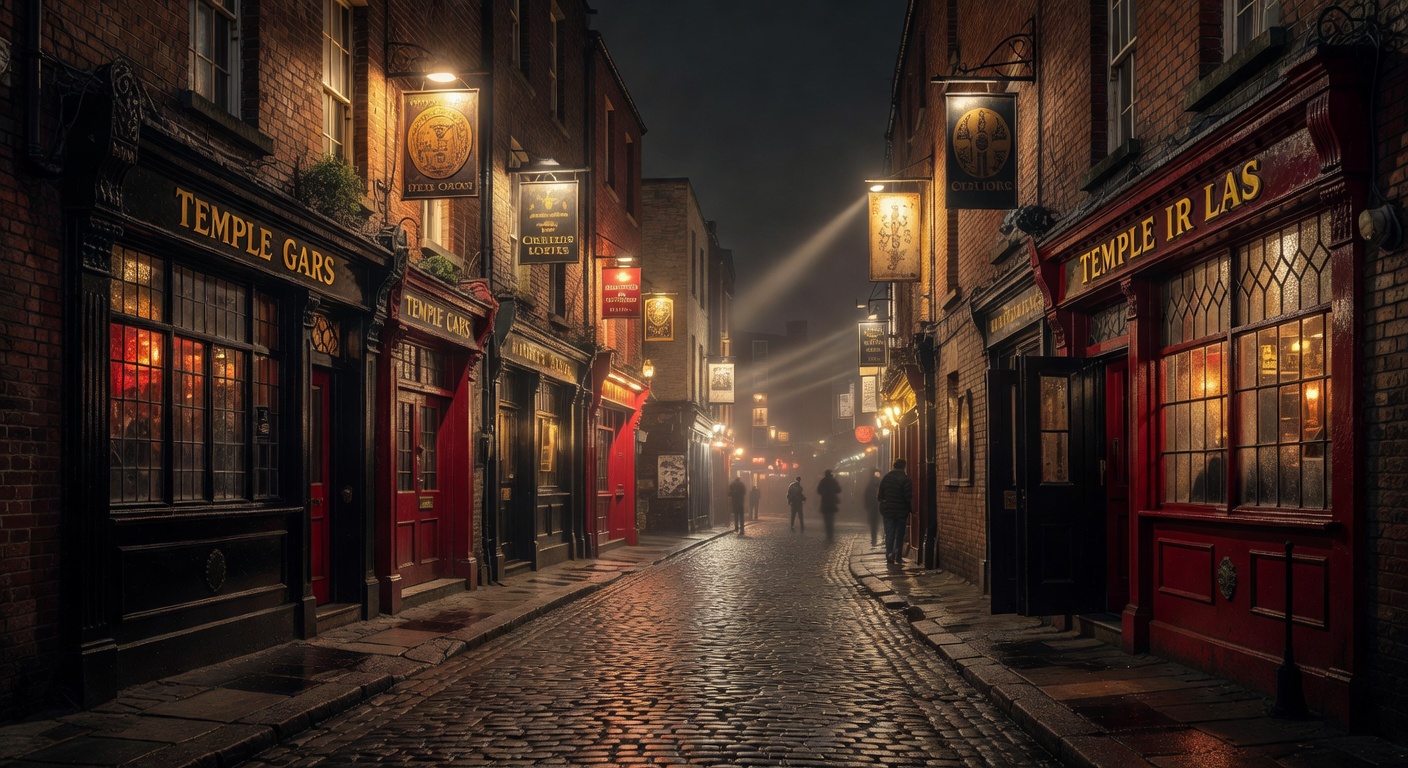 traditional Irish pubs with hanging signs, warm pub lights, cobbled streets, atmospheric, no text