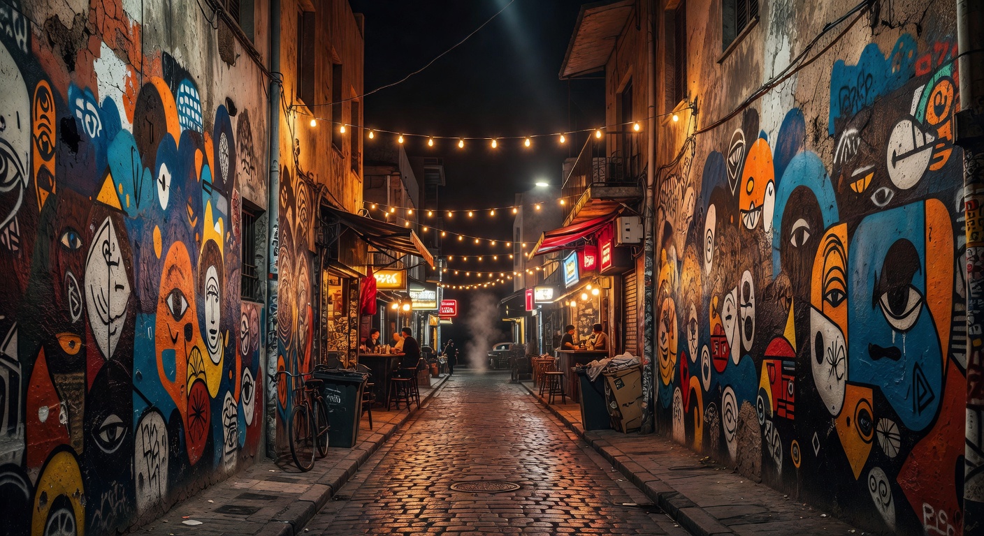 atmospheric Israeli street art, warm urban lights, no text