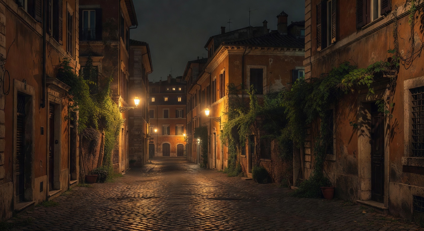 warm amber street lights, cobblestone streets, Italian architecture, vine-covered walls, atmospheric, no text